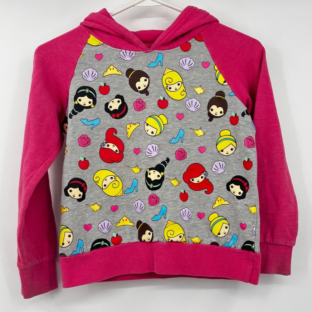 Disney Store Girls Pink Grey Princess Chibi Hoodie Sweatshirt Size‎ 7/8 Crown